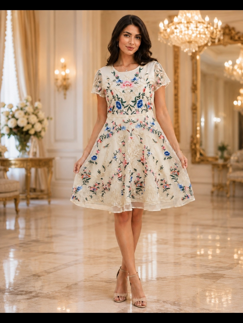 NWOT Moon River Ivory Embroidered Floral Fit & Flare Dress Small